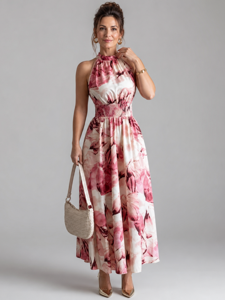 Lisandre — Robe longue dos nu à taille smockée, coloris Rose fleuri