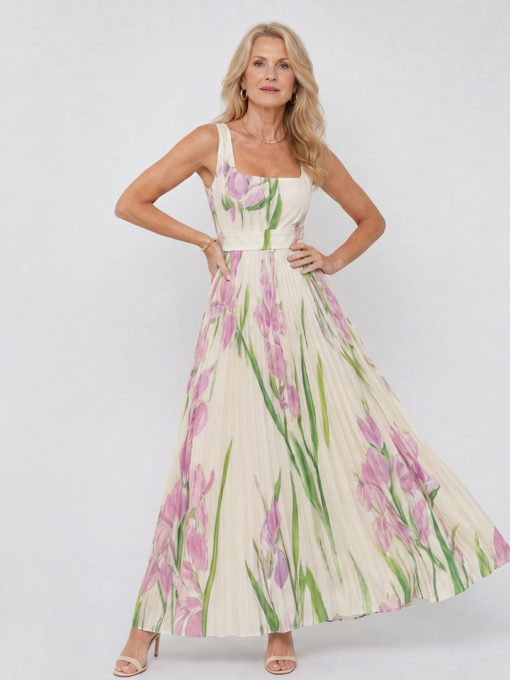 Georgette — Robe longue plissée à encolure carrée, coloris Écru à iris roses