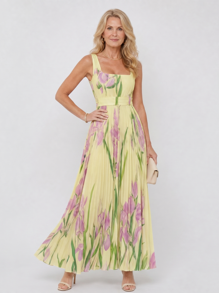 Georgette — Robe longue plissée à encolure carrée, coloris Jaune pâle à iris mauves