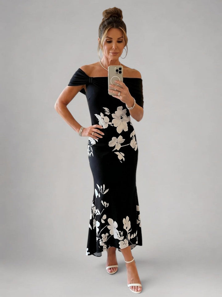 Cyrielle — Robe longue épaules dénudées drapée