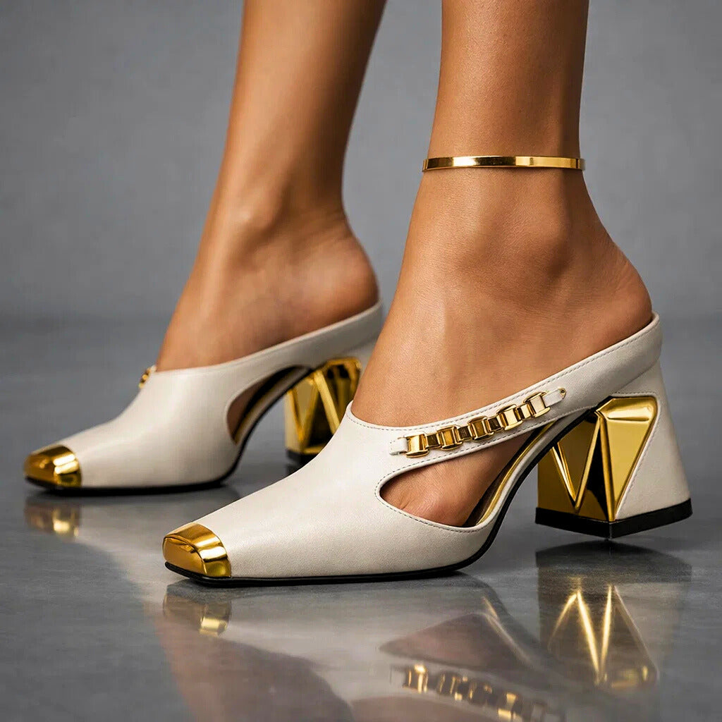Jeanne | Mules à talon et chaînette métallique