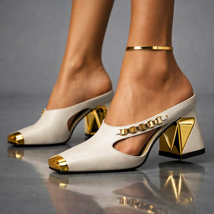 Jeanne | Mules à talon et chaînette métallique