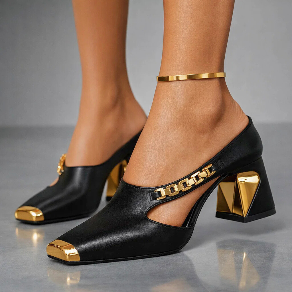 Jeanne | Mules à talon et chaînette métallique