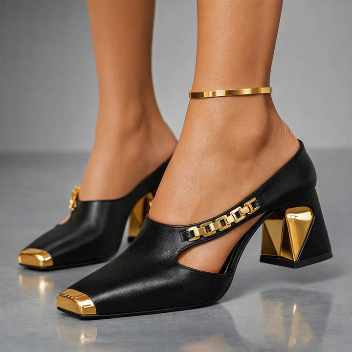 Jeanne | Mules à talon et chaînette métallique