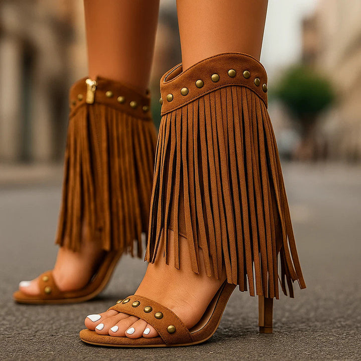 Océane | Sandales-bottines western à franges et clous