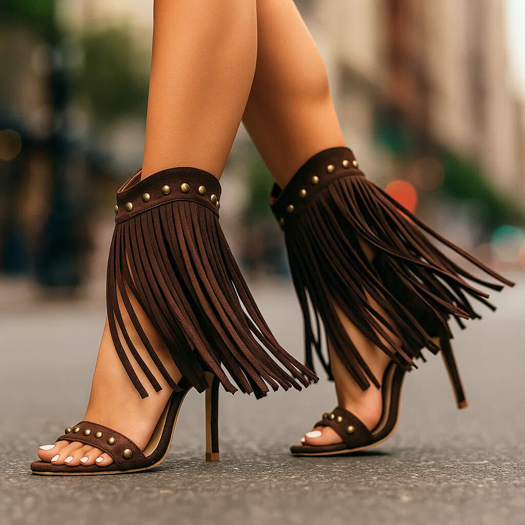 Océane | Sandales-bottines western à franges et clous