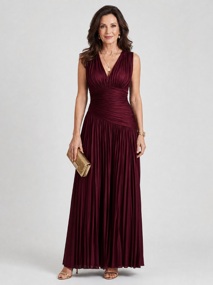 Zita — Robe longue plissée à col V, coloris Bordeaux