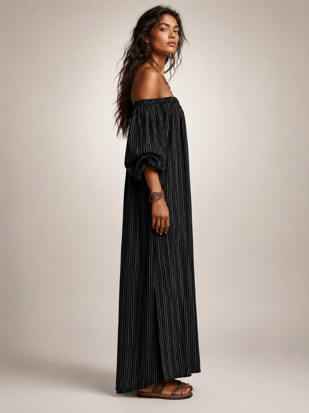 Sixtine — Robe longue épaules dénudées à rayures