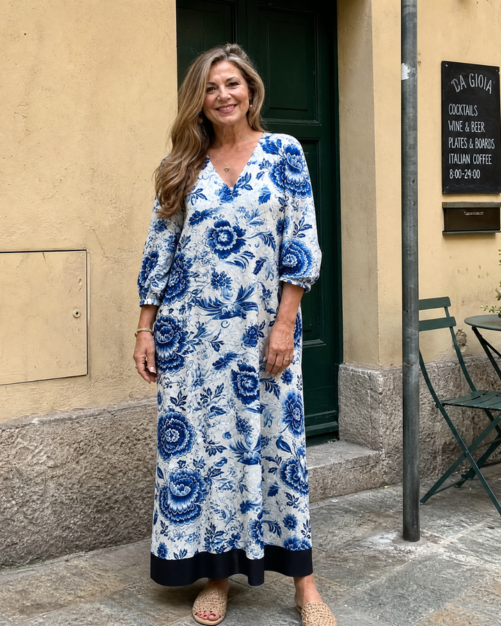 Maud — Robe longue à fleurs bleu porcelaine