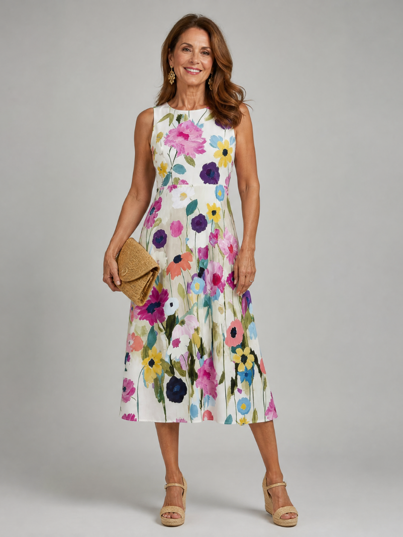 Paulette — Robe midi sans manches à fleurs peintes, coloris Écru à fleurs peintes