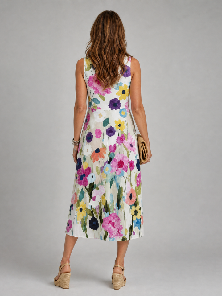 Paulette — Robe midi sans manches à fleurs peintes
