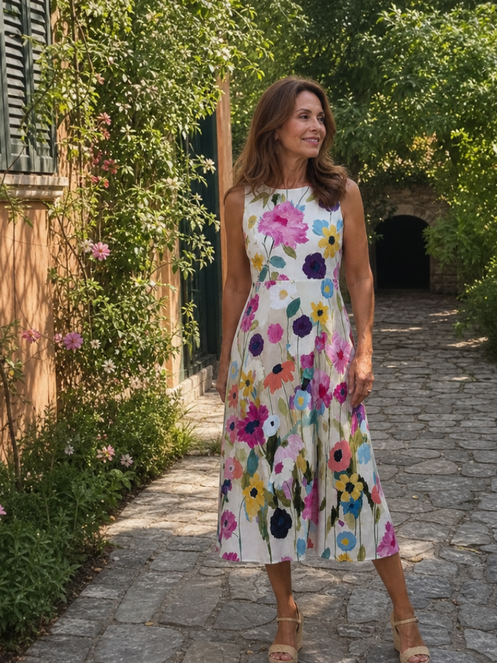 Paulette — Robe midi sans manches à fleurs peintes