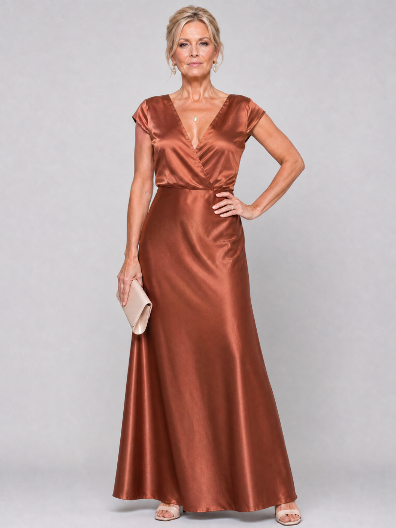 Firmine — Robe longue satinée cache-cœur, coloris Cuivre