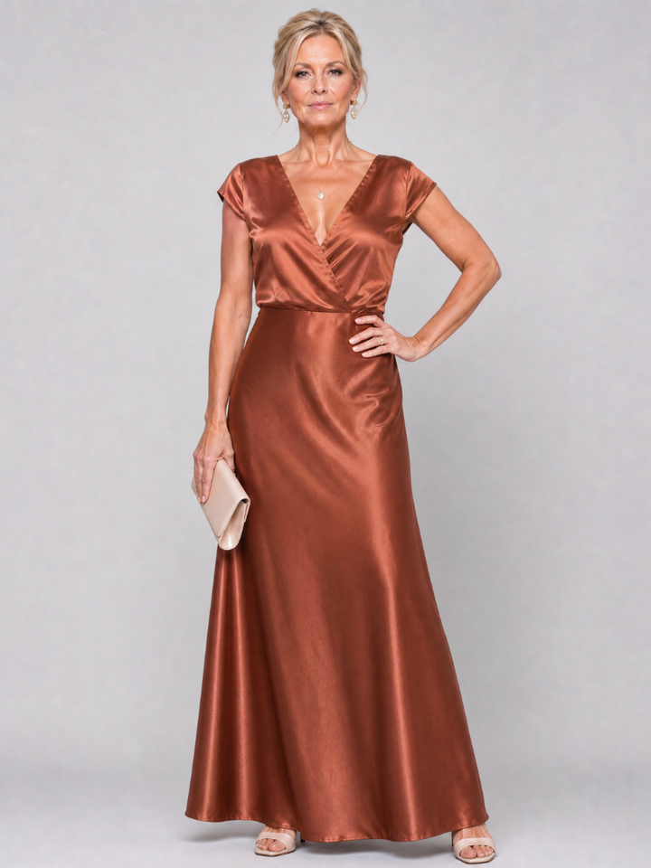 Firmine — Robe longue satinée cache-cœur, coloris Cuivre