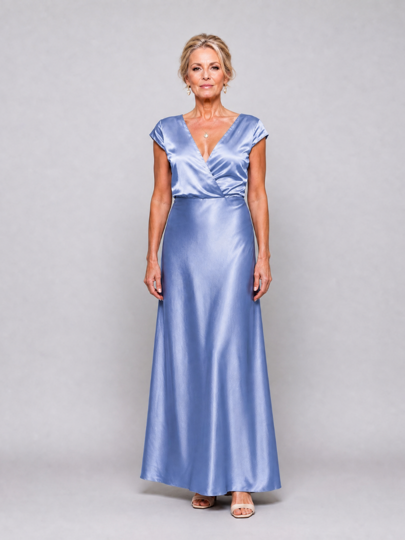 Firmine — Robe longue satinée cache-cœur, coloris Bleu ciel