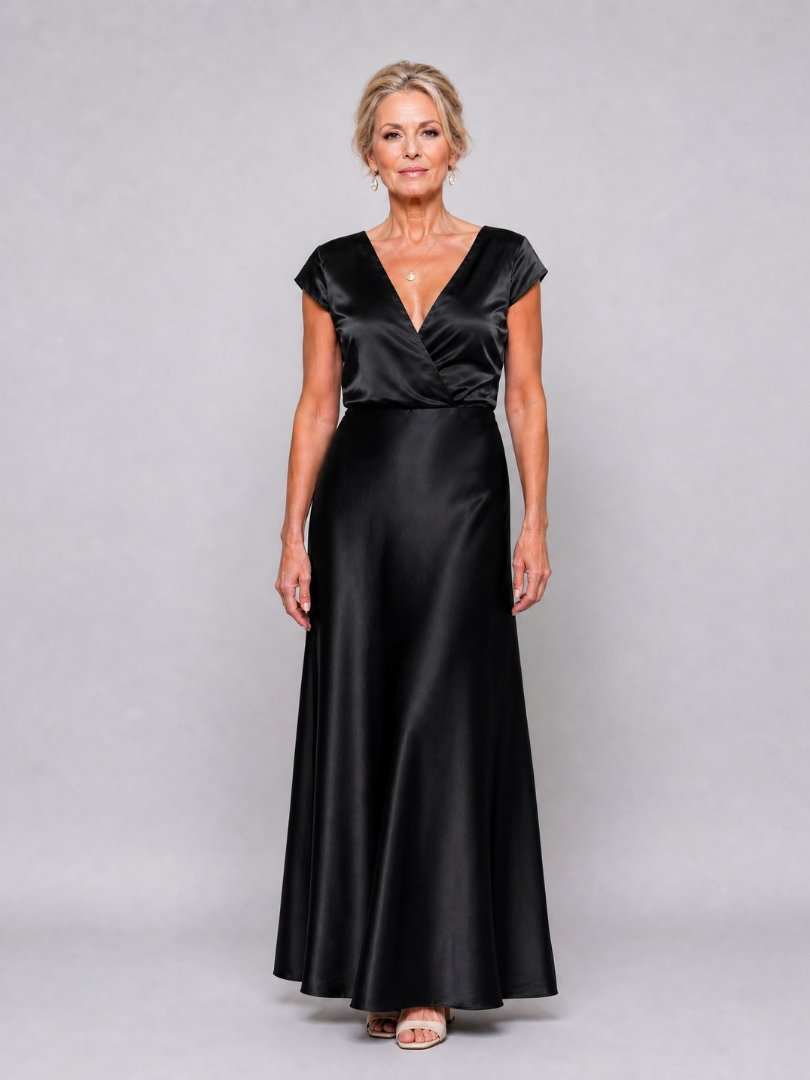 Firmine — Robe longue satinée cache-cœur, coloris Noir
