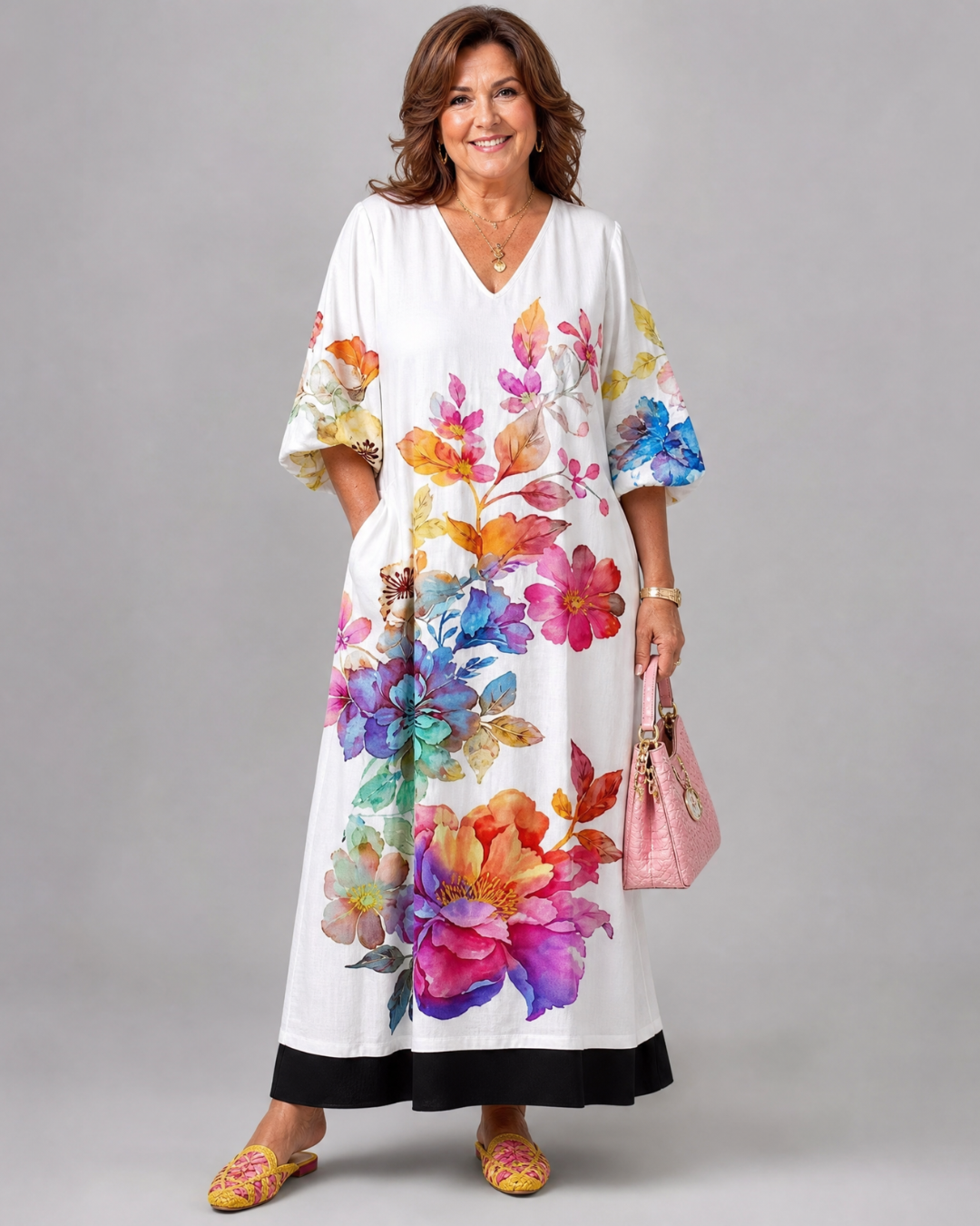 Jacinthe — Robe longue à fleurs aquarelle, coloris Blanc aquarelle