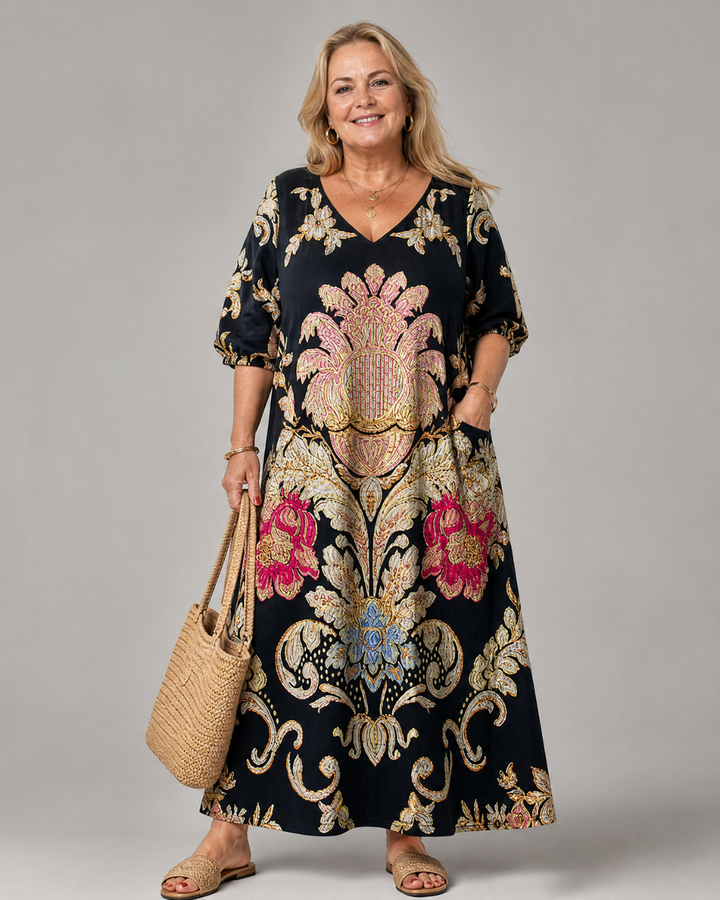 Valérie — Robe longue à médaillon vintage, coloris Noir et or