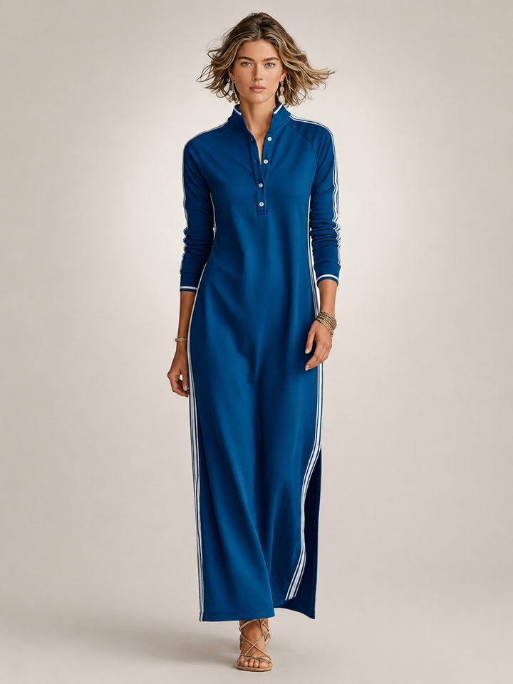 Bernadette — Robe longue col boutonné à galons, coloris Bleu roi