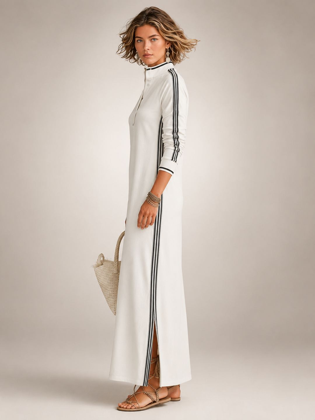 Bernadette — Robe longue col boutonné à galons