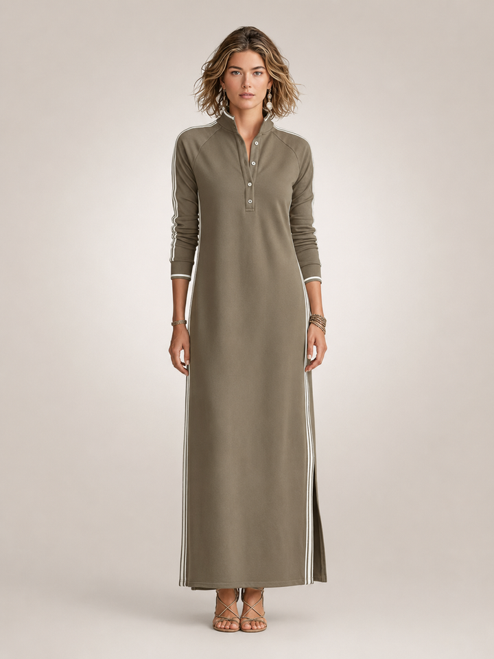 Bernadette — Robe longue col boutonné à galons, coloris Kaki