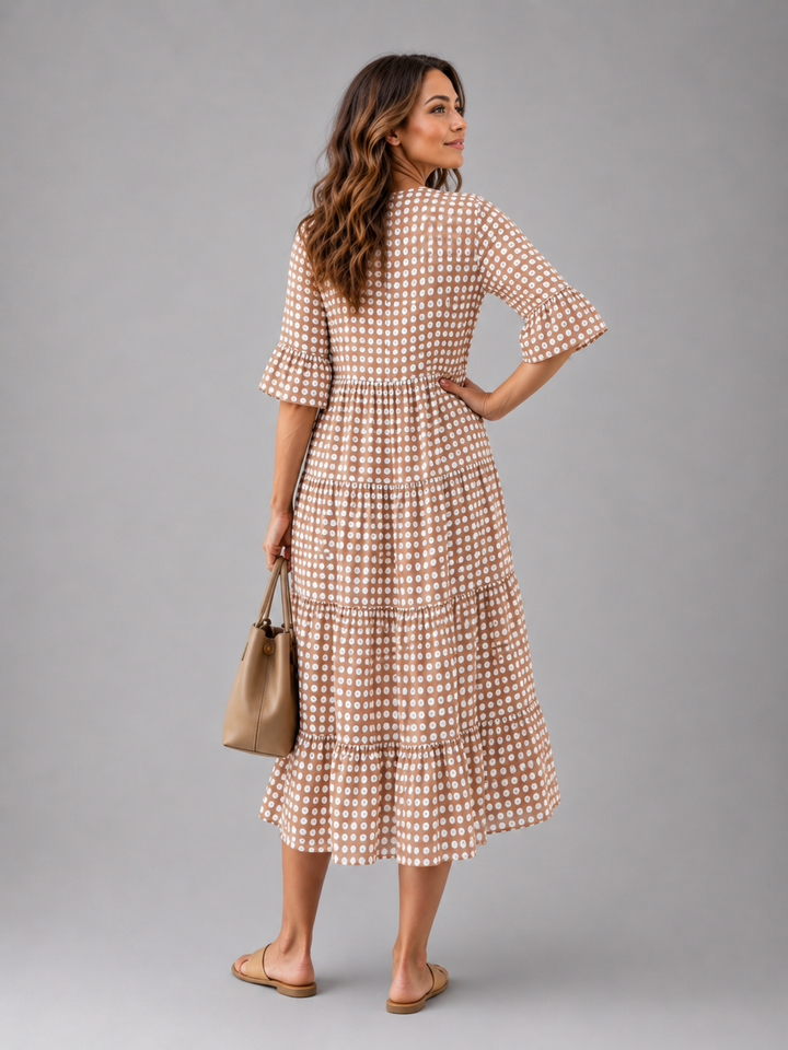 Marielle — Robe midi à pois et volants étagés