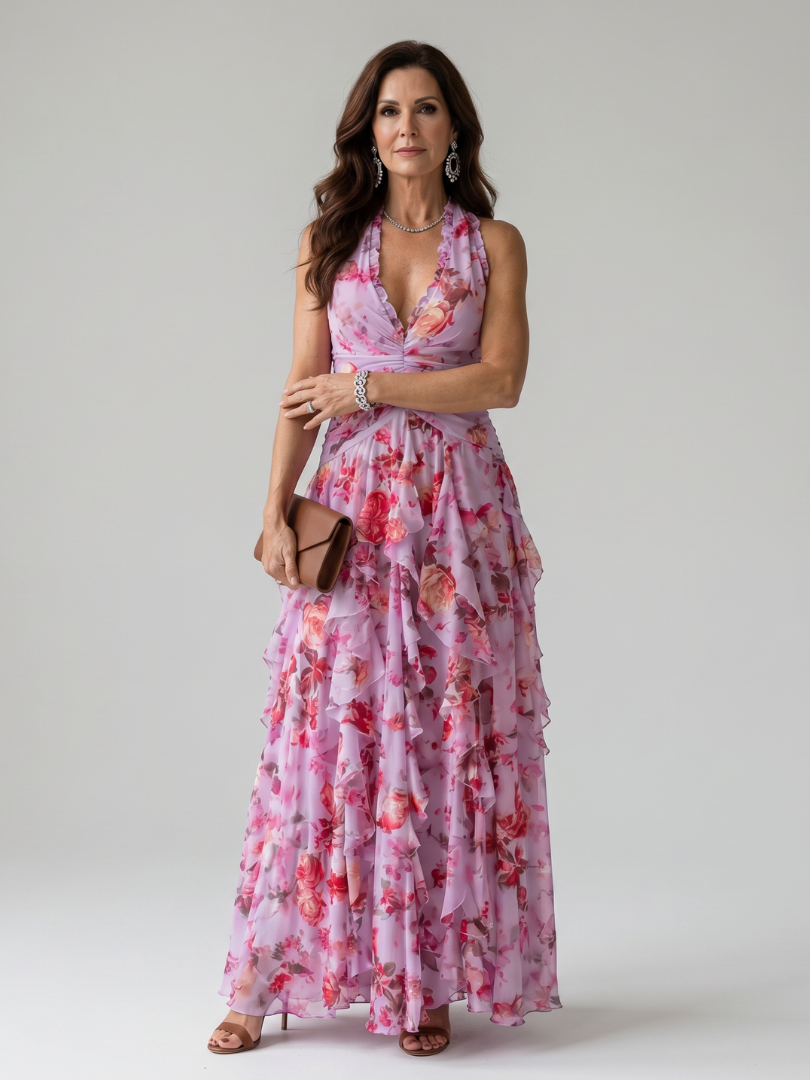 Klara — Robe longue dos nu à volants en cascade, coloris Rose fleuri