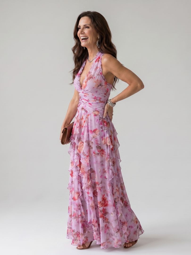 Klara — Robe longue dos nu à volants en cascade