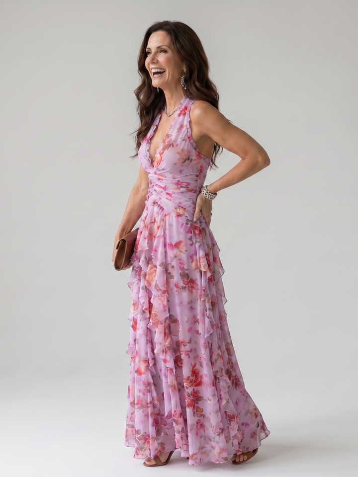 Klara — Robe longue dos nu à volants en cascade