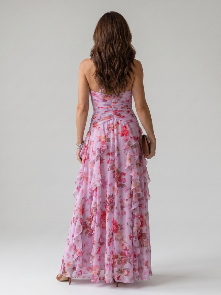 Klara — Robe longue dos nu à volants en cascade