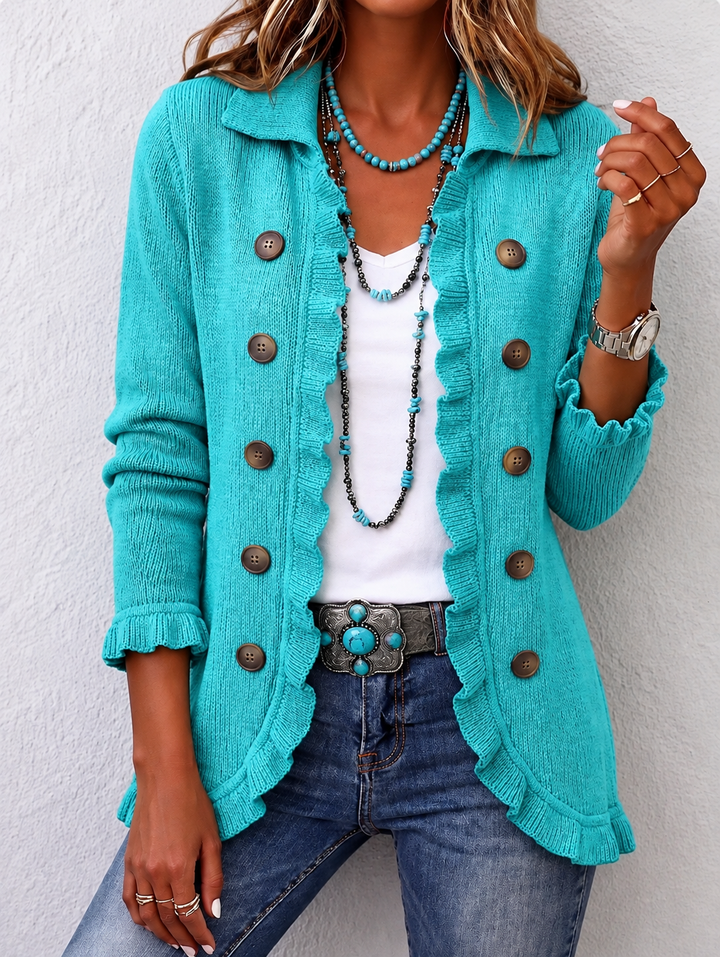 Maribel | Veste turquoise en maille côtelée à volants