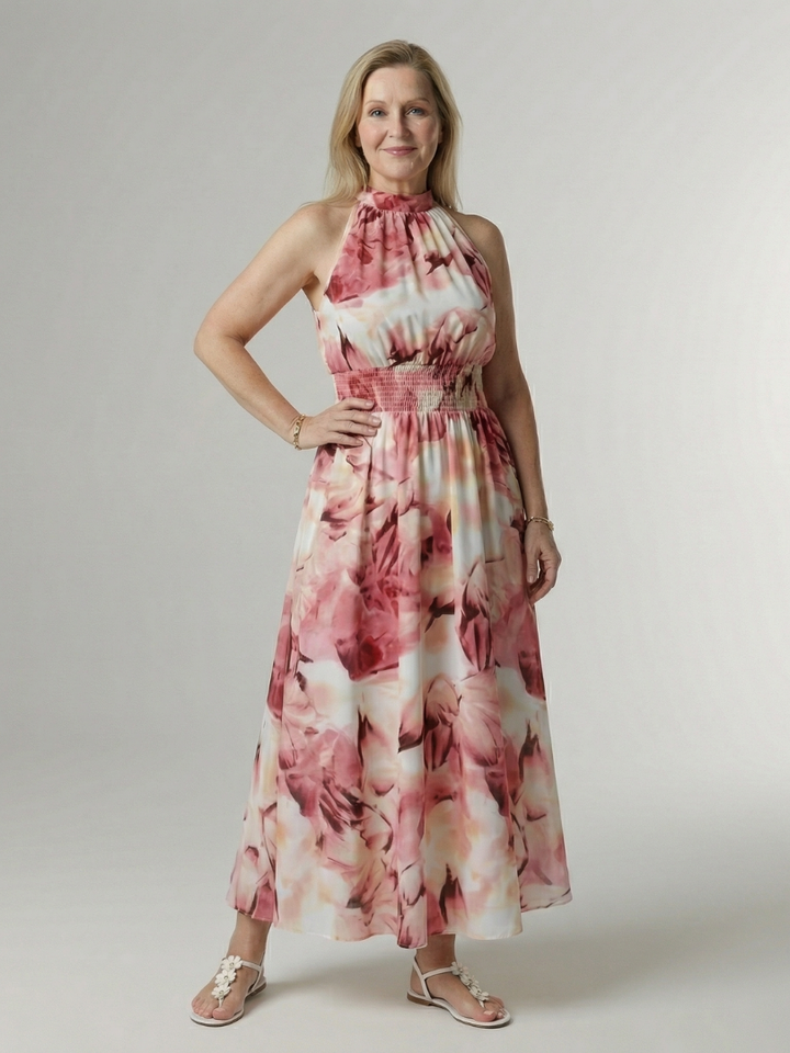 Nine — Robe longue dos nu à taille smockée large, coloris Rose fleuri