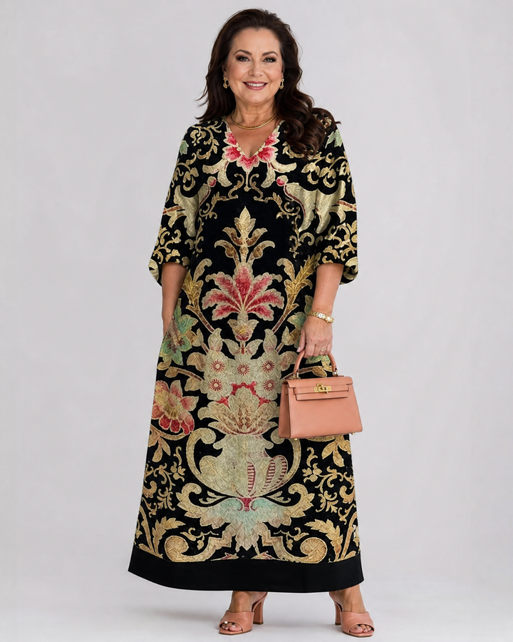 Odile — Robe longue à motif vintage doré, coloris Noir et or