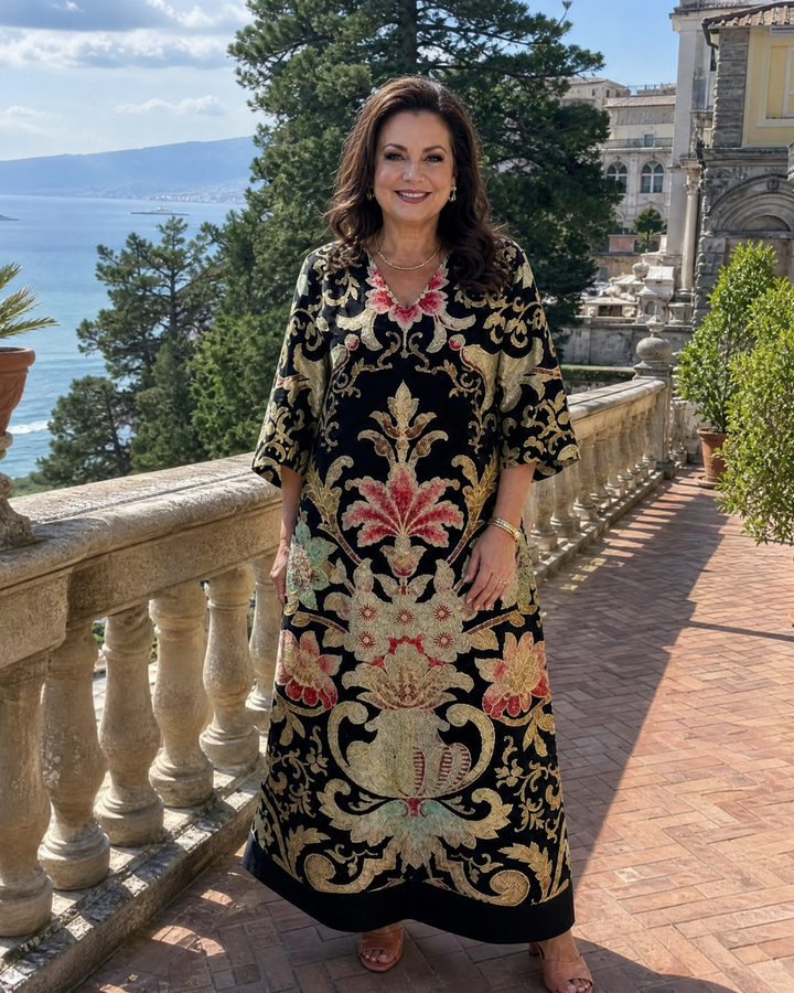 Odile — Robe longue à motif vintage doré