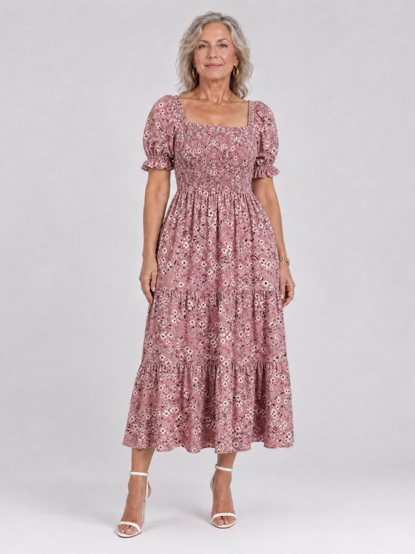 Philippine — Robe midi fleurie à bustier smocké, coloris Rose poudré
