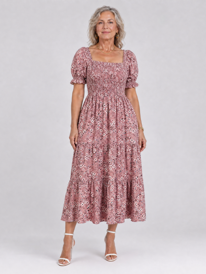 Philippine — Robe midi fleurie à bustier smocké, coloris Rose poudré