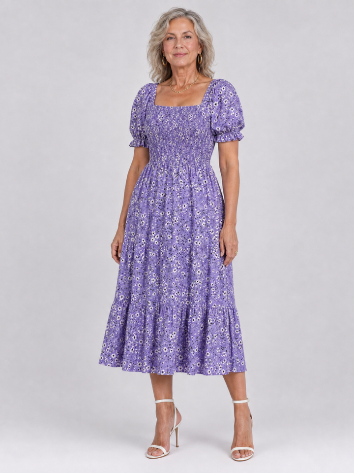 Philippine — Robe midi fleurie à bustier smocké, coloris Lilas