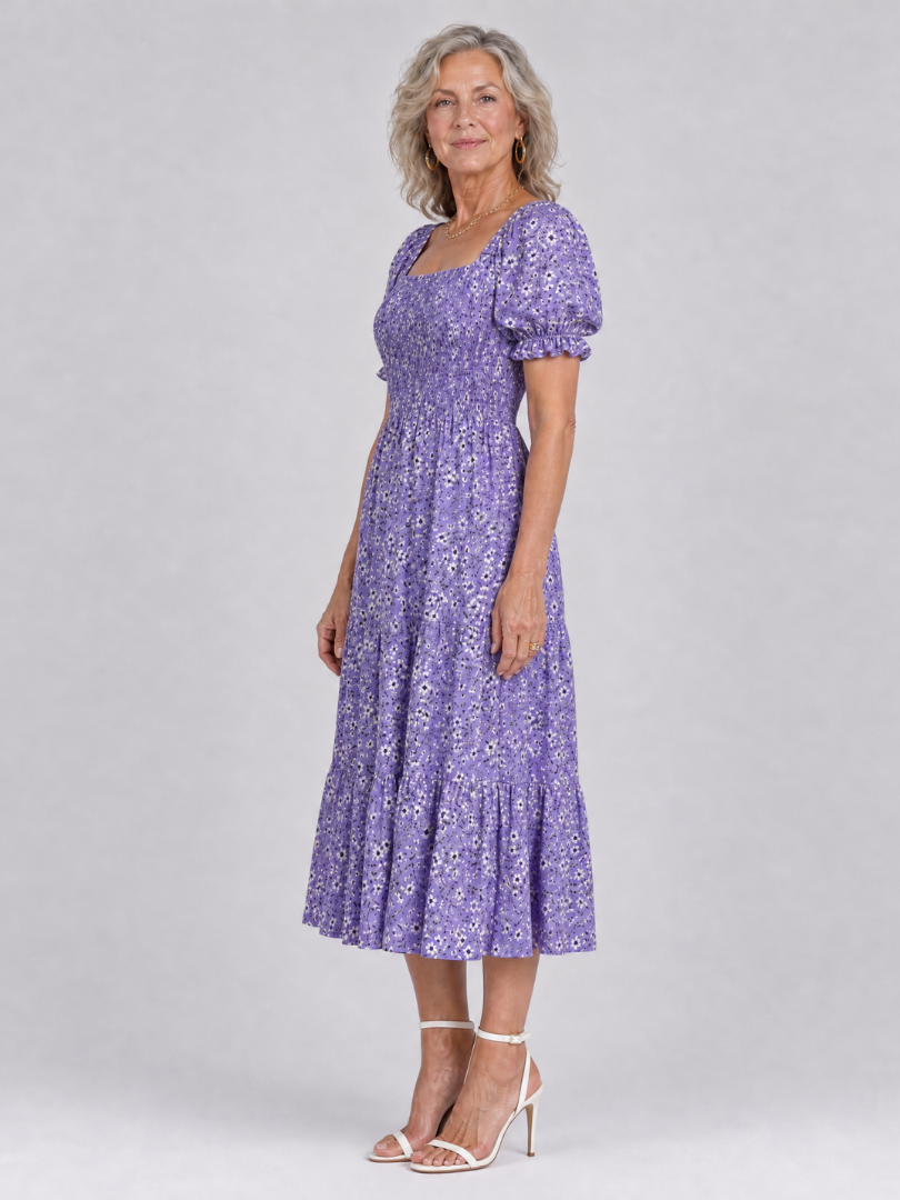 Philippine — Robe midi fleurie à bustier smocké