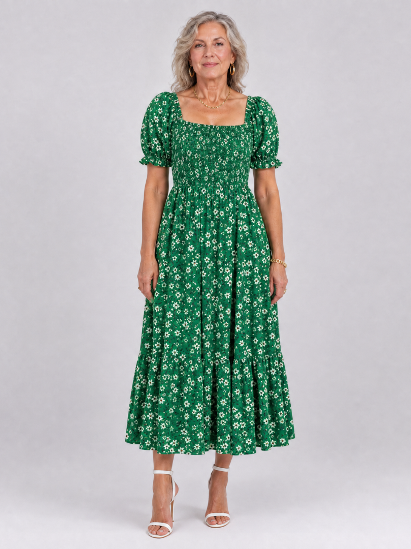 Philippine — Robe midi fleurie à bustier smocké, coloris Vert