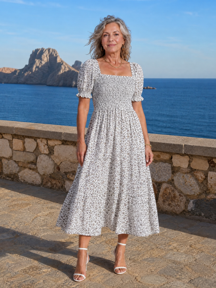 Philippine — Robe midi fleurie à bustier smocké