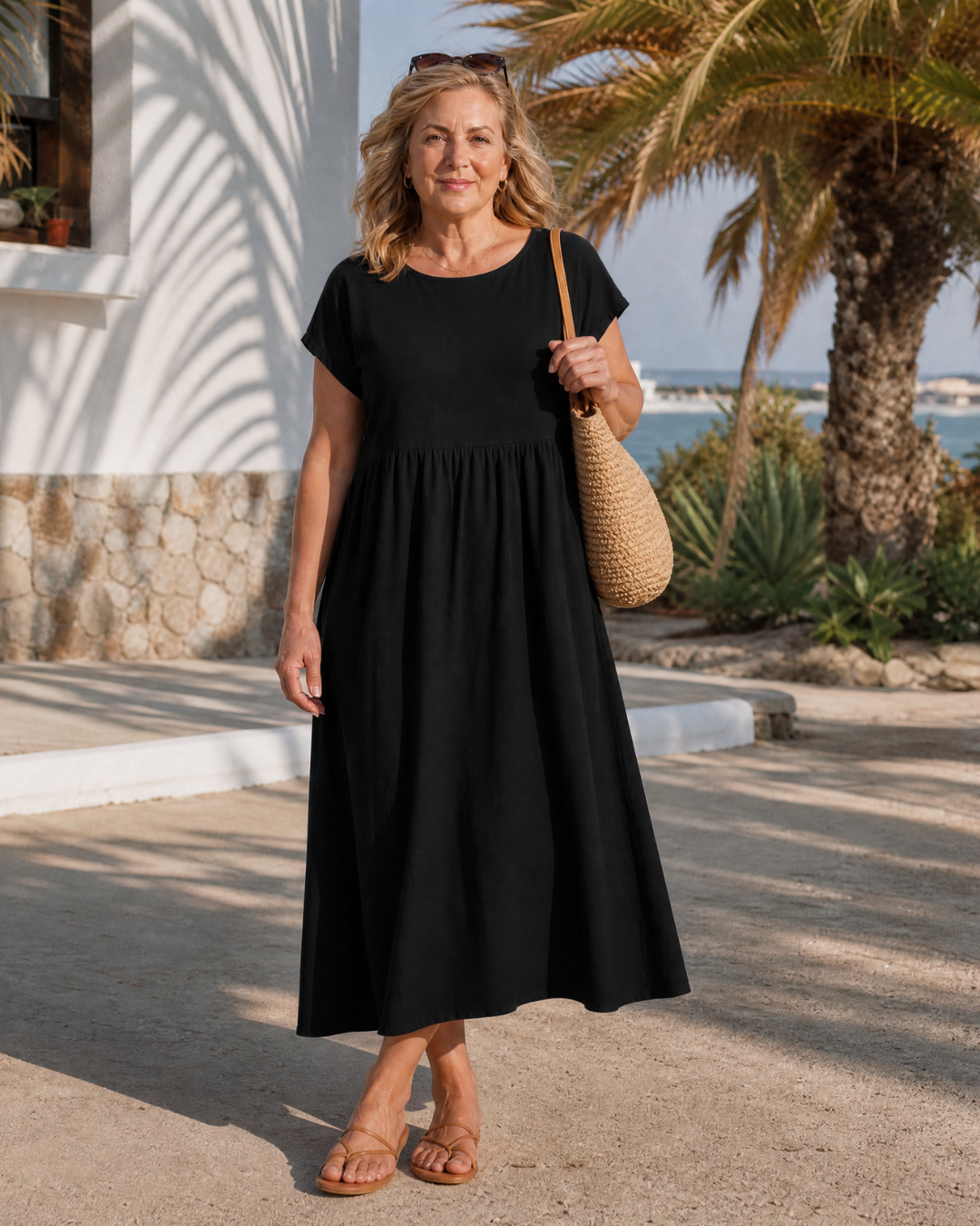 Lauriane — Robe longue à taille froncée et poches, coloris Noir