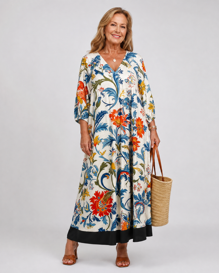 Nathalie — Robe longue à feuillage botanique, coloris Écru fleuri