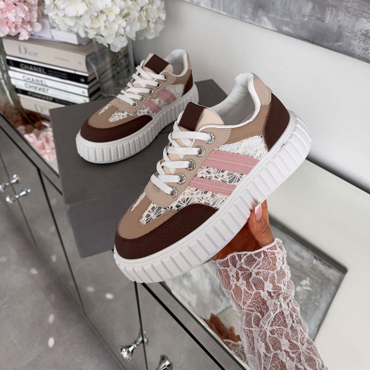 Ursule | Baskets marron à détails dentelle