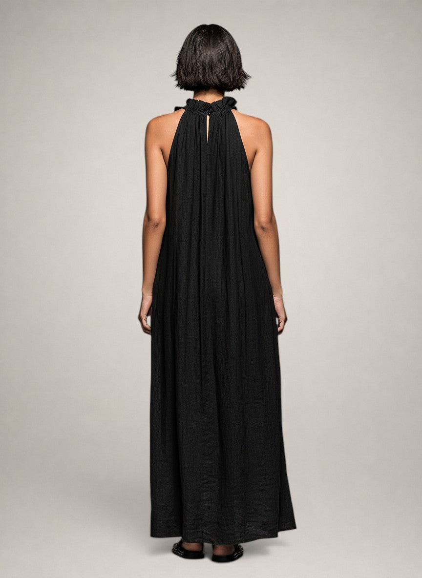 Hermine — Robe longue à col licou et volants