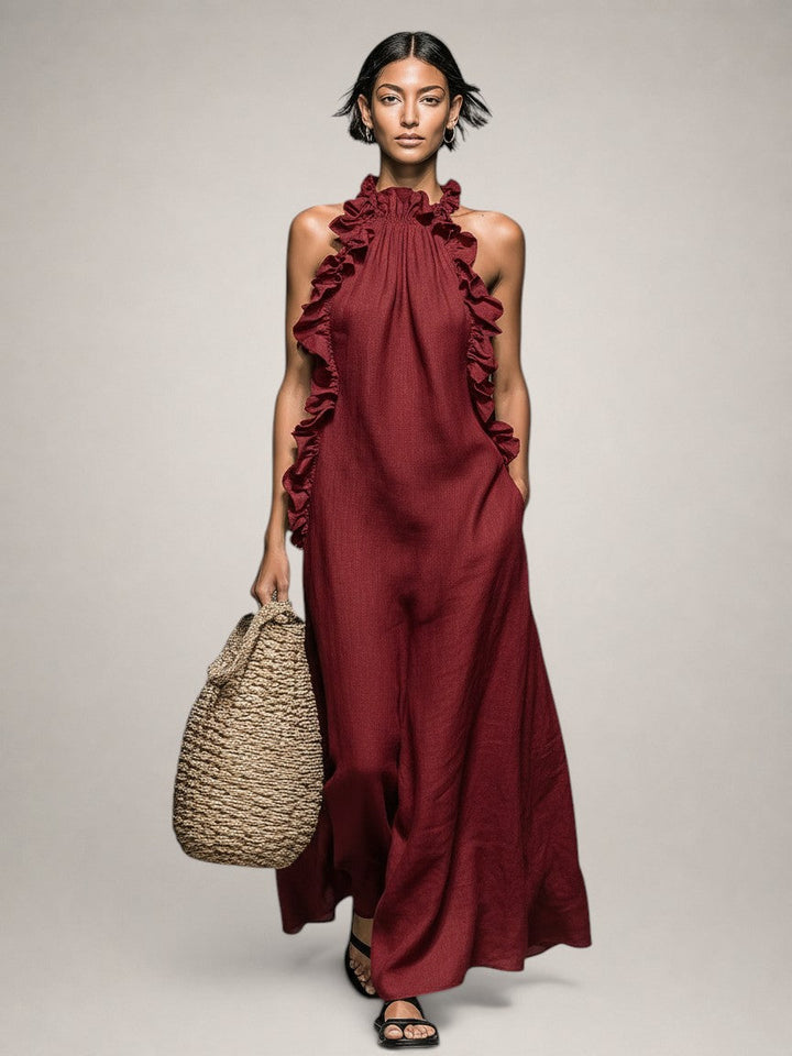 Hermine — Robe longue à col licou et volants, coloris Bordeaux