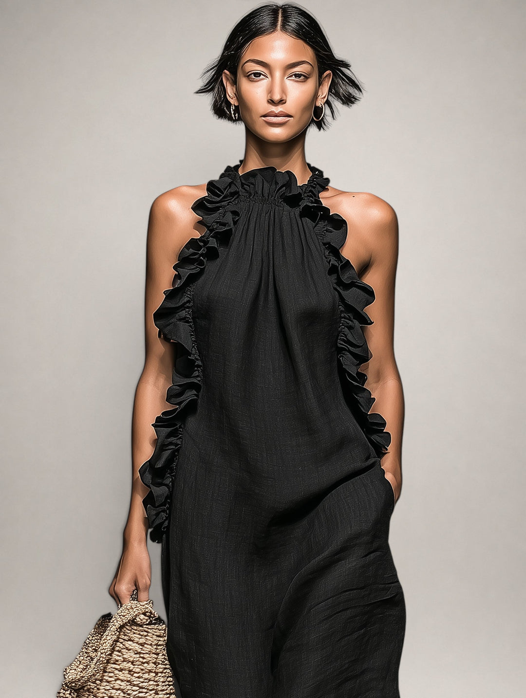 Hermine — Robe longue à col licou et volants
