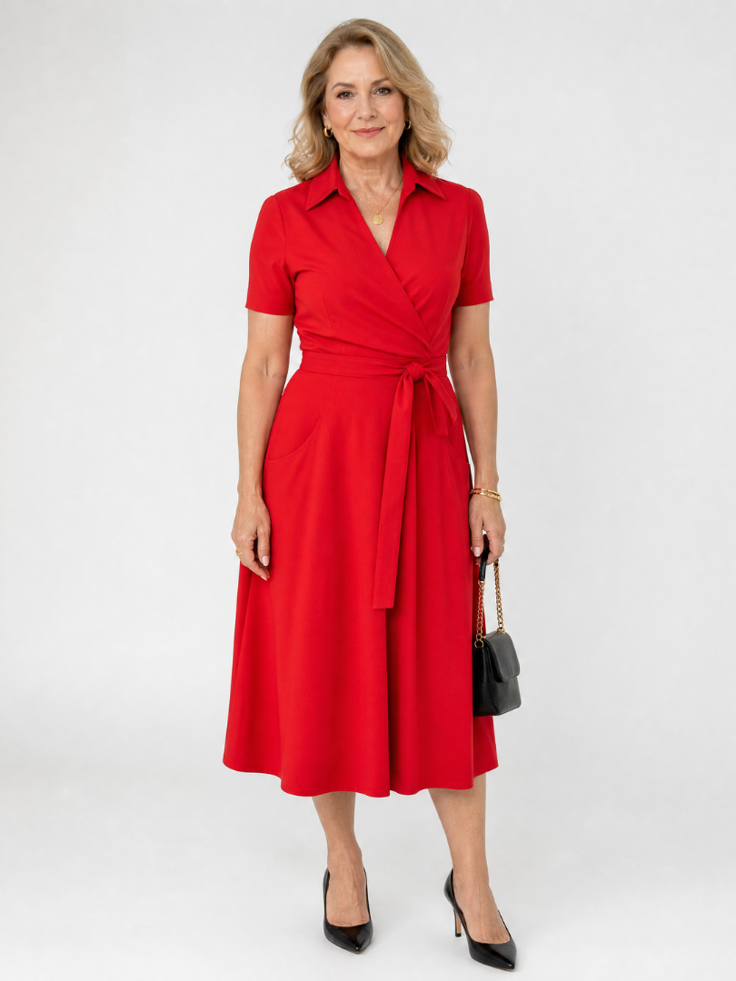 Geneviève — Robe portefeuille midi à col et ceinture, coloris Rouge