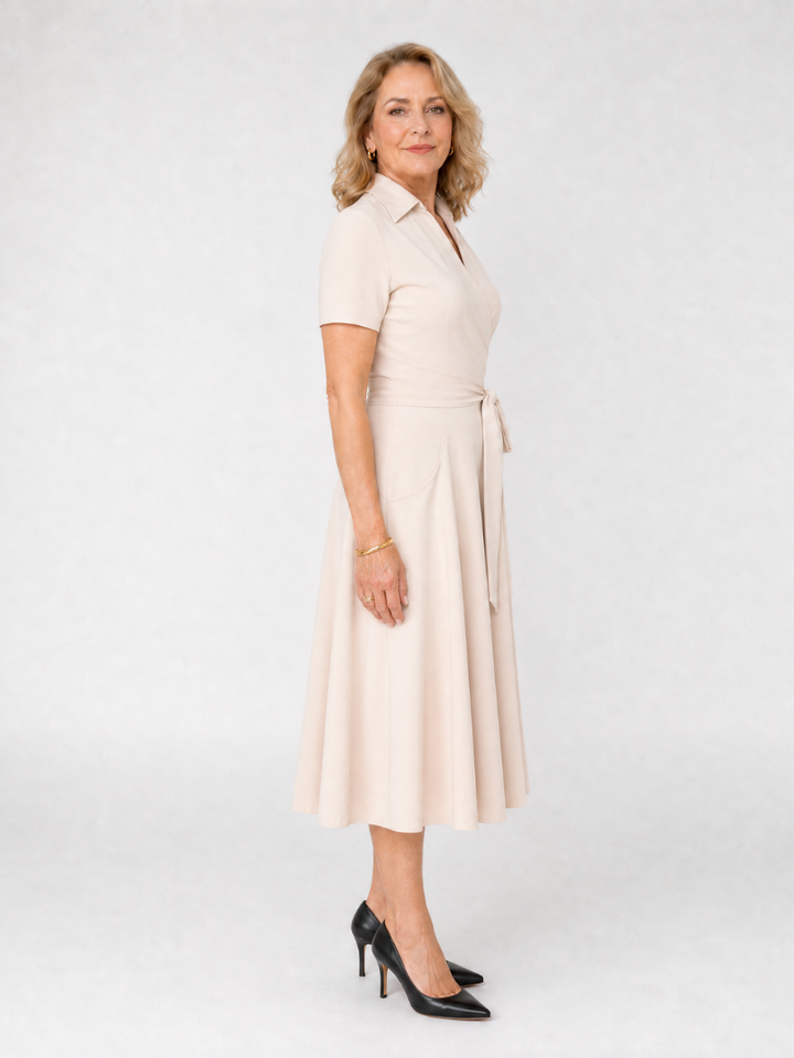 Geneviève — Robe portefeuille midi à col et ceinture
