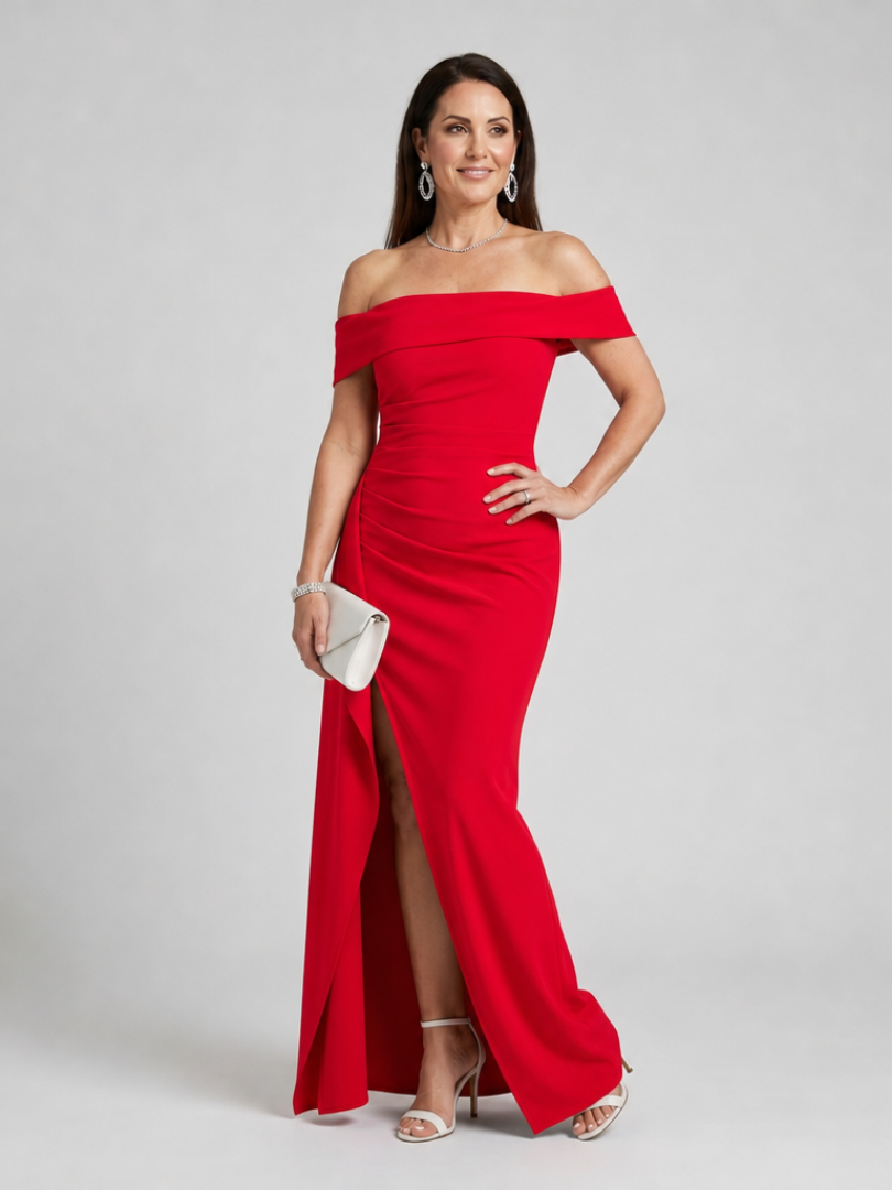Camille — Robe longue épaules dénudées à fente haute, coloris Rouge