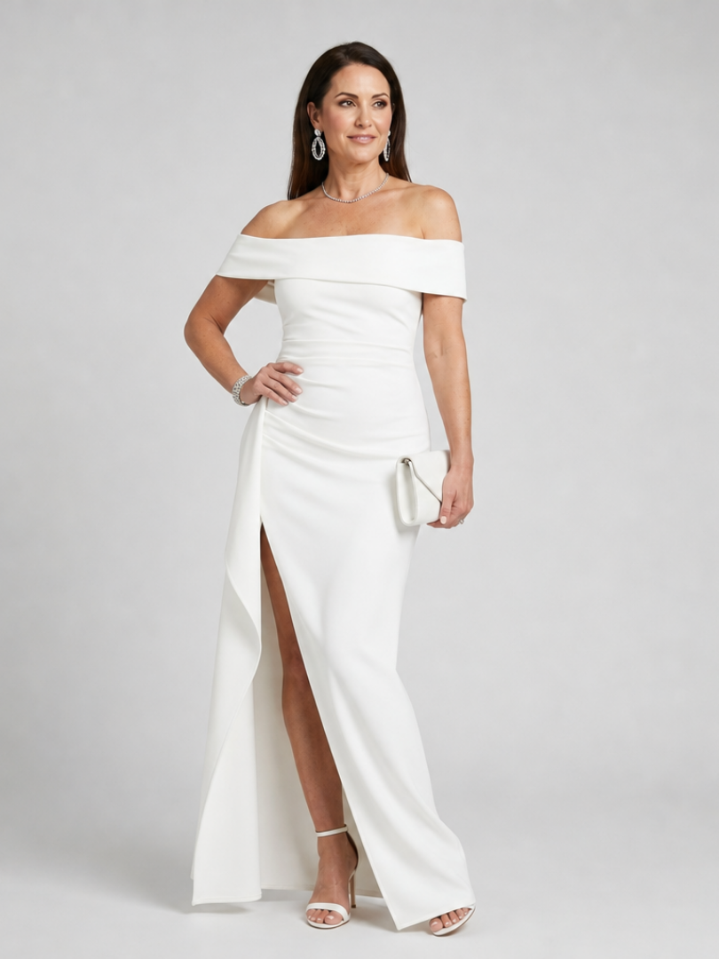 Camille — Robe longue épaules dénudées à fente haute, coloris Blanc
